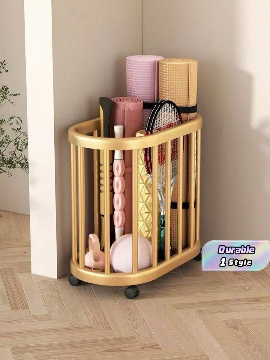 Golden Rolling Yoga Mat Storage Rack, Mobile Home Gym Organizer Cart, Multi-Purpose Workout Equipment Holder For Yoga Ball, Kettlebells, Fitness Accessories, Space Saving Exercise Room Storage - Multicolor - View 1