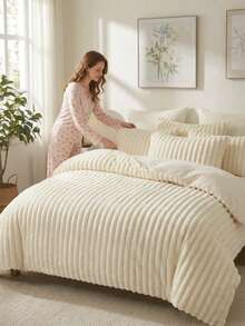 Cirelle 2/3 Pcs Cream Plush Ribbed Duvet Cover Set - Ultra Soft Fluffy Striped Fleece Comforter Cover With 1/2 Matching Pillow Shams, Warm Winter Velvet Bedding Set (No Insert) - Beige - View 2