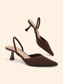 CUCCOO BASICS Women's Pointed Toe Coffee Brown Knitted V-Cut Elastic Band Backless High Heel Pumps, Elegant Breathable Daily Commute Shoes Fall Shoes - dark coffee - View 7
