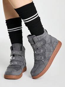 ROMWE Dark Rock Punk Goth Shoes, Grey High Top Rivet Shoes, Casual Sneakers, Ladies Wedge Heel Platform Shoes - Gray - star buckle~ - View 3