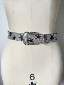 Glisma Thắt lưng trang trí kim cương phong cách Dark Punk Stars Flash, retro subculture, phối đồ đa năng cho quần jeans - Bạc - Xem 7