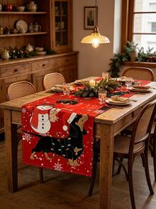 1 Pc Premium Red Black Plaid Dachshund Snowman Christmas Table Runner Linen Textured Polyester Tablecloth For Holiday Party Kitchen Dining Room Farmhouse Winter Home Decor - C - View 2
