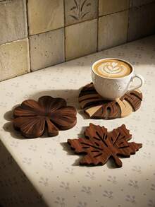 Cirelle Palm Leaf Shape Wooden Coaster, Natural Heat Resistant Drink Mat & Table Protector For Cups, Mugs, Bowls, Dining Table, Coffee Table, Kitchen, Restaurant, Home Decor, Tea Time, Holiday & Housewarming Gift - Multicolor - View 1