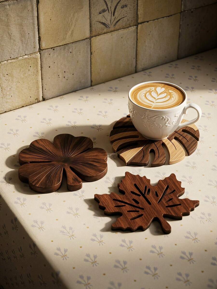 Cirelle Palm Leaf Shape Wooden Coaster, Natural Heat Resistant Drink Mat & Table Protector For Cups, Mugs, Bowls, Dining Table, Coffee Table, Kitchen, Restaurant, Home Decor, Tea Time, Holiday & Housewarming Gift - Multicolor - View 1