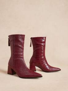 Rosivie Autumn And Winter Crocodile Pattern Medium Boots Women's Pointed Toe Thick Heel Back Zipper Thin Boots Retro Burgundy Embossed Elegant High Heel Winter Boots - Burgundy 2 - View 1