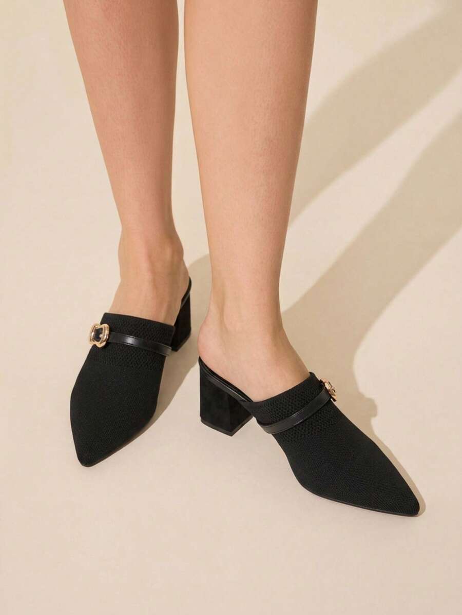 CUCCOO BASICS Women's Pointed Toe High Thick Heel Black Knitted Surface Buckle Women's Rear Empty Shoes Daily Commuting Elegant Breathable Elegant High - Black - View 1