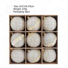 9Pcs 8cm Velvet Shatterproof Ornament Set Gold Bead Floral Pattern Christmas Tree Hanging Decorations For Holiday Party Home Winter Festival Xmas Decor. - multicolor - View 7