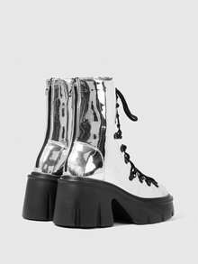 Sugerpunk Round Toe Rear Zipper Simple Punk British Platform Comfortable Versatile Medium Boots Women's Shoes - Silver - View 3