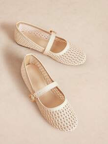 Rosivie New Women's Popular Summer Fashion Simple Solid Color Splicing Mesh Woven Mesh Design, One Pedal Round Toe With Adjustable Buckle Flat Beige - Beige - View 1