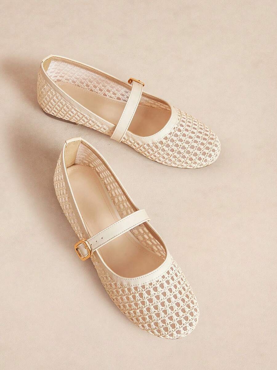 Rosivie New Women's Popular Summer Fashion Simple Solid Color Splicing Mesh Woven Mesh Design, One Pedal Round Toe With Adjustable Buckle Flat Beige - Beige - View 1
