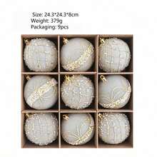 9Pcs 8cm Velvet Shatterproof Ornament Set Gold Bead Floral Pattern Christmas Tree Hanging Decorations For Holiday Party Home Winter Festival Xmas Decor. - multicolor - View 9