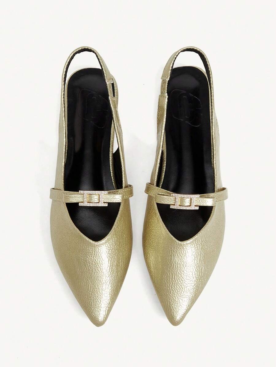 CUCCOO CHICEST Pointed Back Empty Thin Strap Flat-Soled Shoes, Diamond-Encrusted Small Square Buckle Commuting Versatile Rear Strap Women's Shoes - Gold - View 1