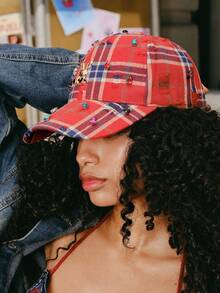 Popjeli 1Pcs Women Ripped Plaid Rhinestone Gold Rabbit Badge Woven Breathable Y2K Grunge Streetwear Baseball Cap For Daily Party Music Festival - Multicolor - View 5