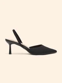 CUCCOO BASICS Women's Fashion And Sexy Pointed Toe Round Vamp Rear Empty Weave. Fabric Fabric Elastic Slingback High Heel Shoes - Black plain weave - View 7