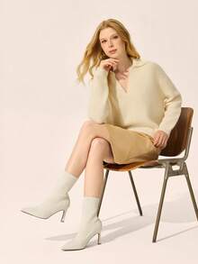 CUCCOO BASICS Women's Pointed Toe Mid-Calf Fabric Bread Cloth Mid-High Heel Elastic Boots, Sexy Versatile Commuter Autumn/Winter Classic Women's Shoes Fall Boots - Beige - View 5