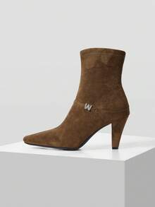 MOTF PREMIUM WOMEN'S SHOES W-SHAPED BUCKLE POINTED TOE THICK HEEL SUEDE ANKLE BOOTS COMMUTING THIN ELASTIC FASHION BOOTS - Brown - View 1