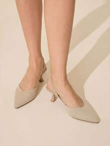 CUCCOO BASICS Women's Beige Pointed Toe V-Neck Fine Textured Hollow Out Mid-High Heel Versatile Commuter Pumps - Khaki - View 1