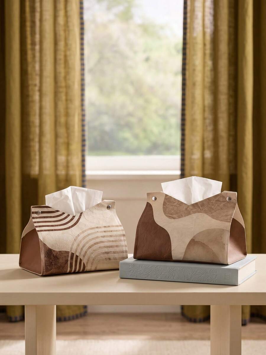 Cirelle 1pc Boho Abstract Print Tissue Box Cover,Geometric Wave Pattern Desktop Tissue Holder,Household Paper Storage Organizer For Living Room Bedroom Decor,Brown Beige Earth Tone Decor,Gift-Giving For Moving Into A New Home, A Unique Home Environment - Multicolor - View 1
