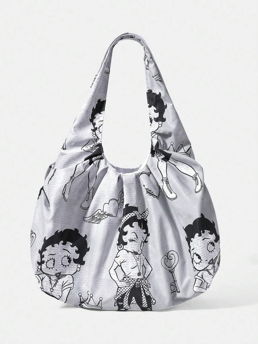 Betty Boop x SHEIN 1件時尚休閒輕量趣味圖案印花單肩托特包,適合購物、旅行等場合 - 多色-報紙灰 - 查看 1