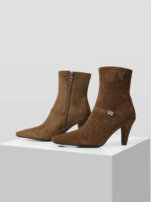 MOTF PREMIUM WOMEN'S SHOES W-SHAPED BUCKLE POINTED TOE THICK HEEL SUEDE ANKLE BOOTS COMMUTING THIN ELASTIC FASHION BOOTS - Brown - View 3