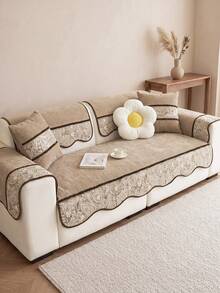 1PC Retro Splicing Design Chenille Material Sofa Cover Sofa Cushion, Non-Slip Back Pet Friendly, Holiday Decoration Home Protection, Old Sofa Refurbishment Suitable For Most 1-4 Seat Sofas - Beige - View 3