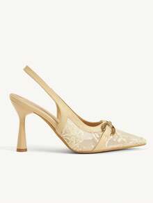 CUCCOO CHICEST Metal Double D Buckle Apricot Lace Embroidery Pointed Back Empty Sandals Women - Apricot - View 3
