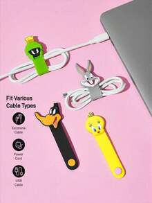 LOONEY TUNES X SHEIN 1/4pcs Cartoon Data Cable Storage Clip Travel Earphone Charging Cable Organizing Clip Home Multi-Functional Cute Winding Cable Organizer, Suitable For Various Cable Storage - Multicolor - View 3