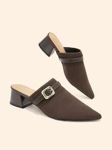 CUCCOO BASICS Women's Spring And Summer New Square Buckle Strip With Pointed Toe Thick Heel Dark Coffee Knitted Women's High-Heeled Shoes Comfortable Commute - dark coffee - View 3