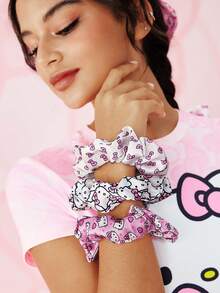 HELLO KITTY AND FRIENDS | SHEIN 3 件装柔软缎面发圈，闪亮线圈发带，可爱蝴蝶结，猫咪，粉色设计，有弹性，不伤头发 - 彩色 - 查看 3