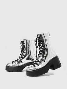 Sugerpunk Round Toe Rear Zipper Simple Punk British Platform Comfortable Versatile Medium Boots Women's Shoes - Silver - View 4