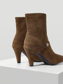 MOTF PREMIUM WOMEN'S SHOES W-SHAPED BUCKLE POINTED TOE THICK HEEL SUEDE ANKLE BOOTS COMMUTING THIN ELASTIC FASHION BOOTS - Brown - View 4