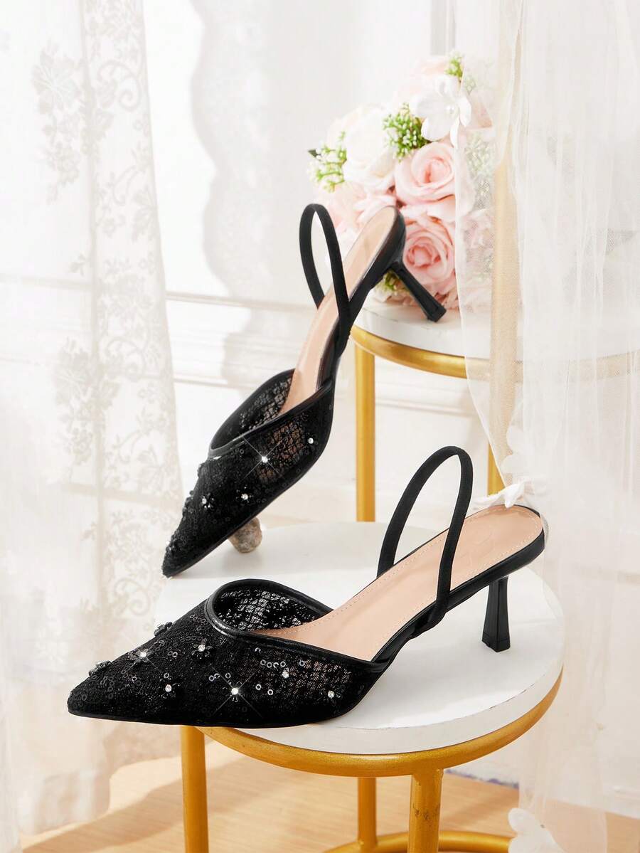 CUCCOO HITCHD Ladies' Fashionable And Elegant Pointed V-Mouth Back Empty Party Shoes. Lace Fabric Wearing Beads And Diamonds.. Back Lift With Ankle Strap. Stiletto - Black - View 1