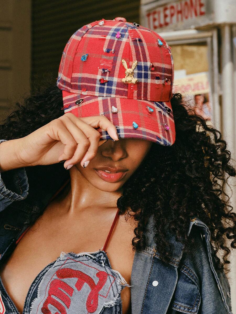 Popjeli 1Pcs Women Ripped Plaid Rhinestone Gold Rabbit Badge Woven Breathable Y2K Grunge Streetwear Baseball Cap For Daily Party Music Festival - Multicolor - View 1