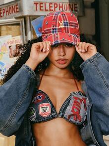 Popjeli 1Pcs Women Ripped Plaid Rhinestone Gold Rabbit Badge Woven Breathable Y2K Grunge Streetwear Baseball Cap For Daily Party Music Festival - Multicolor - View 7