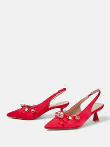 CUCCOO HITCHD Pointed Short Heel Elegant Flower Women's High Heel Shoes - bright red - View 3