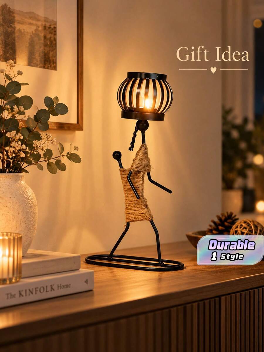 1 Buah Tempat Lilin Figur Gadis Kawat Besi Buatan Tangan dengan Gaun Tali Rami Kepang Lentera Tempat Lilin Ornamen Meja Retro untuk Ruang Tamu, Meja Makan, Pesta Pernikahan, Dekorasi Rumah, Hadiah - E - View 1