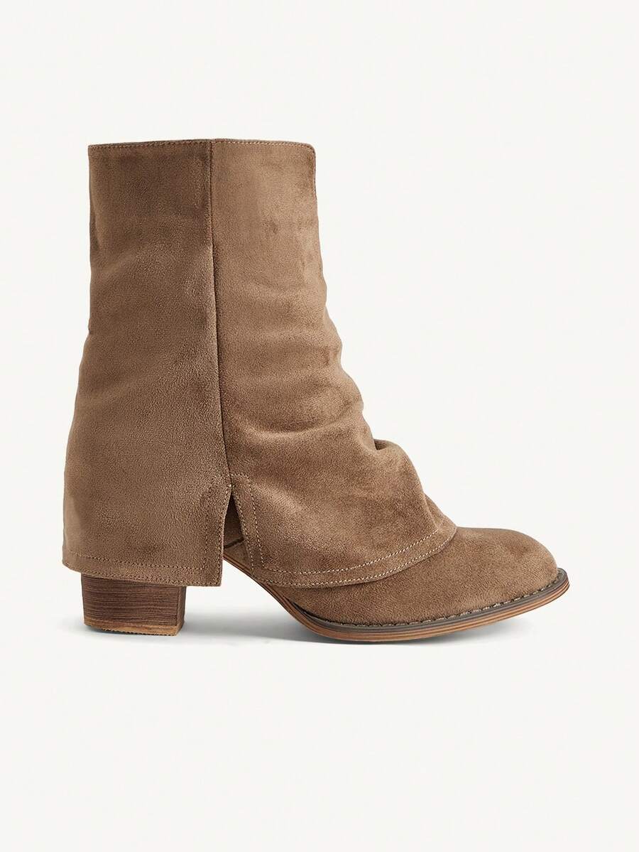 CUCCOO CHICEST Women's New Vintage Chunky Heel Western Boots, Casual Versatile Ruched Brown Mid-Calf Boots Winter Boots - Brown - View 1