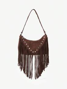 MUSERA Studded Fringed Tassle Faux Leather Handbag For Going Out Daily Spring Holiday Accessory,Rivets, Retro, Vintage, Bohemian Style, - Coffee - View 2