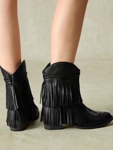 Styleloop Black Double Layer Tassel Western Cowboy Ankle Boots For Women, Woven Strap Pointed Toe Chunky Heel Ankle Boots, Cool Music Festival Party Boots - Black - View 8