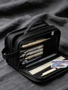 1PC Black Minimalist High Appearance Large Capacity Pencil Case Student Stationery Organizer For Pens Erasers Rulers School Office Travel Durable Compact Holder - black - View 1