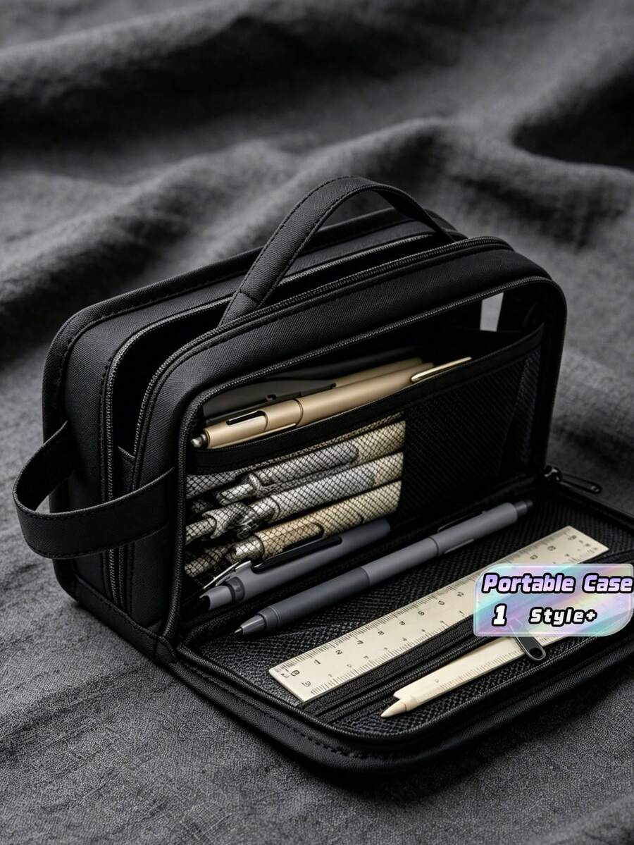1PC Black Minimalist High Appearance Large Capacity Pencil Case Student Stationery Organizer For Pens Erasers Rulers School Office Travel Durable Compact Holder - black - View 1