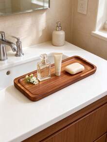 1PC Standard Size Walnut Wood Modern Minimalist Durable Natural Wood Grain Rectangular Bathroom Storage Tray Space Saving Non Slip Scratch Resistant Easy Clean Lotion Skincare Organizer For Washstand Vanity Home Decor Gift - Brown - View 7