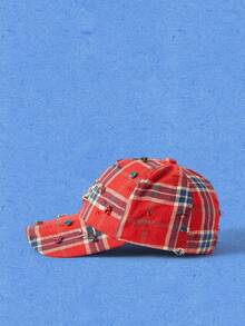 Popjeli 1Pcs Women Ripped Plaid Rhinestone Gold Rabbit Badge Woven Breathable Y2K Grunge Streetwear Baseball Cap For Daily Party Music Festival - Multicolor - View 6