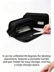 1PC Black Minimalist High Appearance Large Capacity Pencil Case Student Stationery Organizer For Pens Erasers Rulers School Office Travel Durable Compact Holder - black - View 4