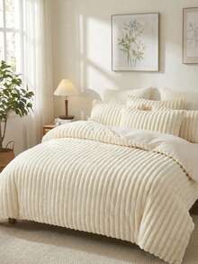 Cirelle 2/3 Pcs Cream Plush Ribbed Duvet Cover Set - Ultra Soft Fluffy Striped Fleece Comforter Cover With 1/2 Matching Pillow Shams, Warm Winter Velvet Bedding Set (No Insert) - Beige - View 1