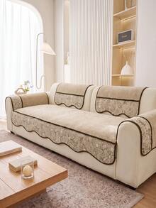 1PC Retro Splicing Design Chenille Material Sofa Cover Sofa Cushion, Non-Slip Back Pet Friendly, Holiday Decoration Home Protection, Old Sofa Refurbishment Suitable For Most 1-4 Seat Sofas - Beige - View 7