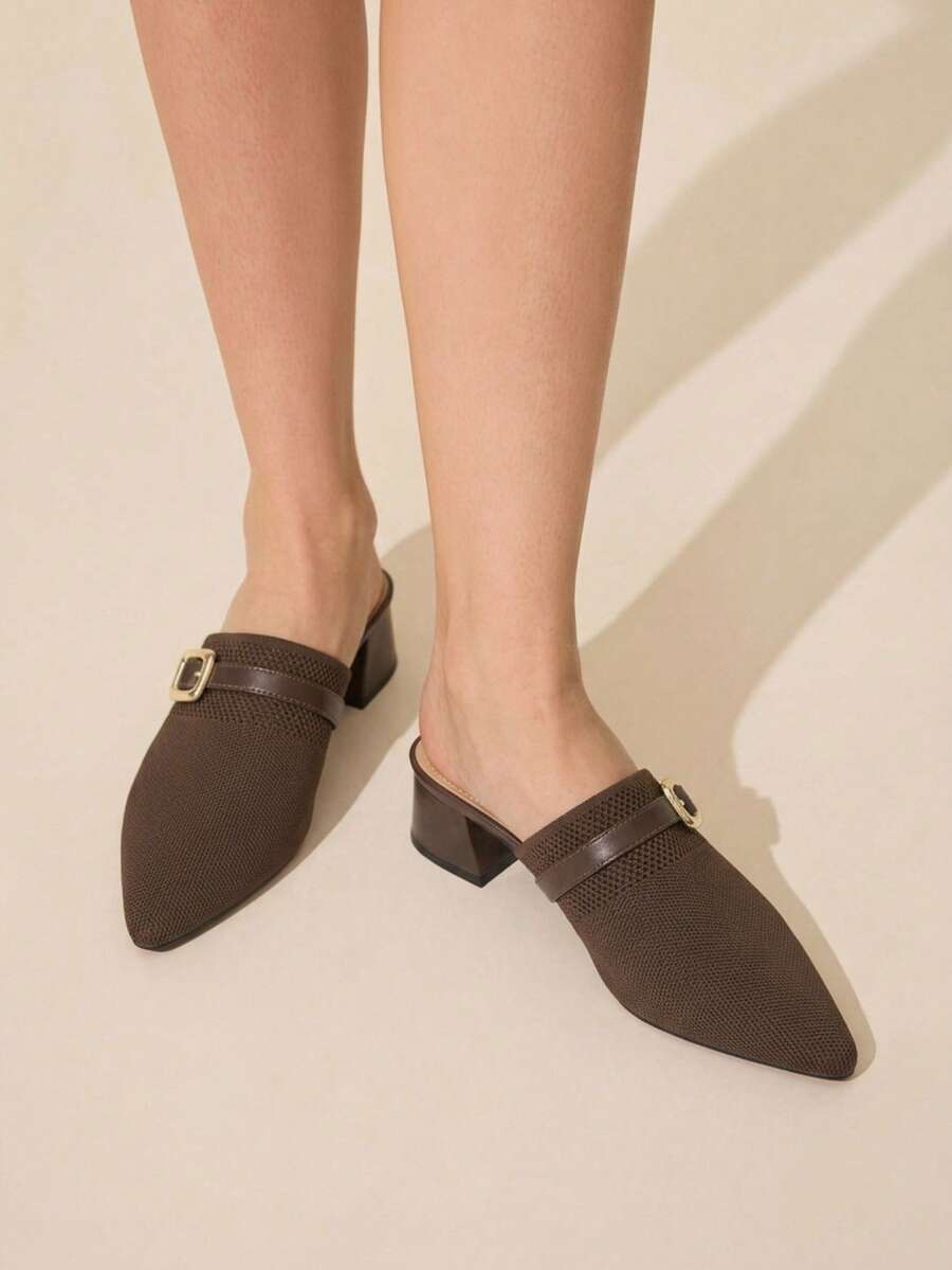 CUCCOO BASICS Women's Spring And Summer New Square Buckle Strip With Pointed Toe Thick Heel Dark Coffee Knitted Women's High-Heeled Shoes Comfortable Commute - dark coffee - View 1
