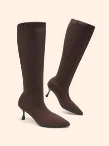 CUCCOO BASICS Women's Pointed Toe Fabric Wine Glass Heel Knee-High Boots, Classic Holiday Commute Boots - dark coffee - View 3