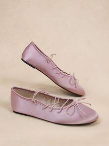 Rosivie Satin Cross Strap Bow Ballet Flat Shoes - Dusty Pink - View 5