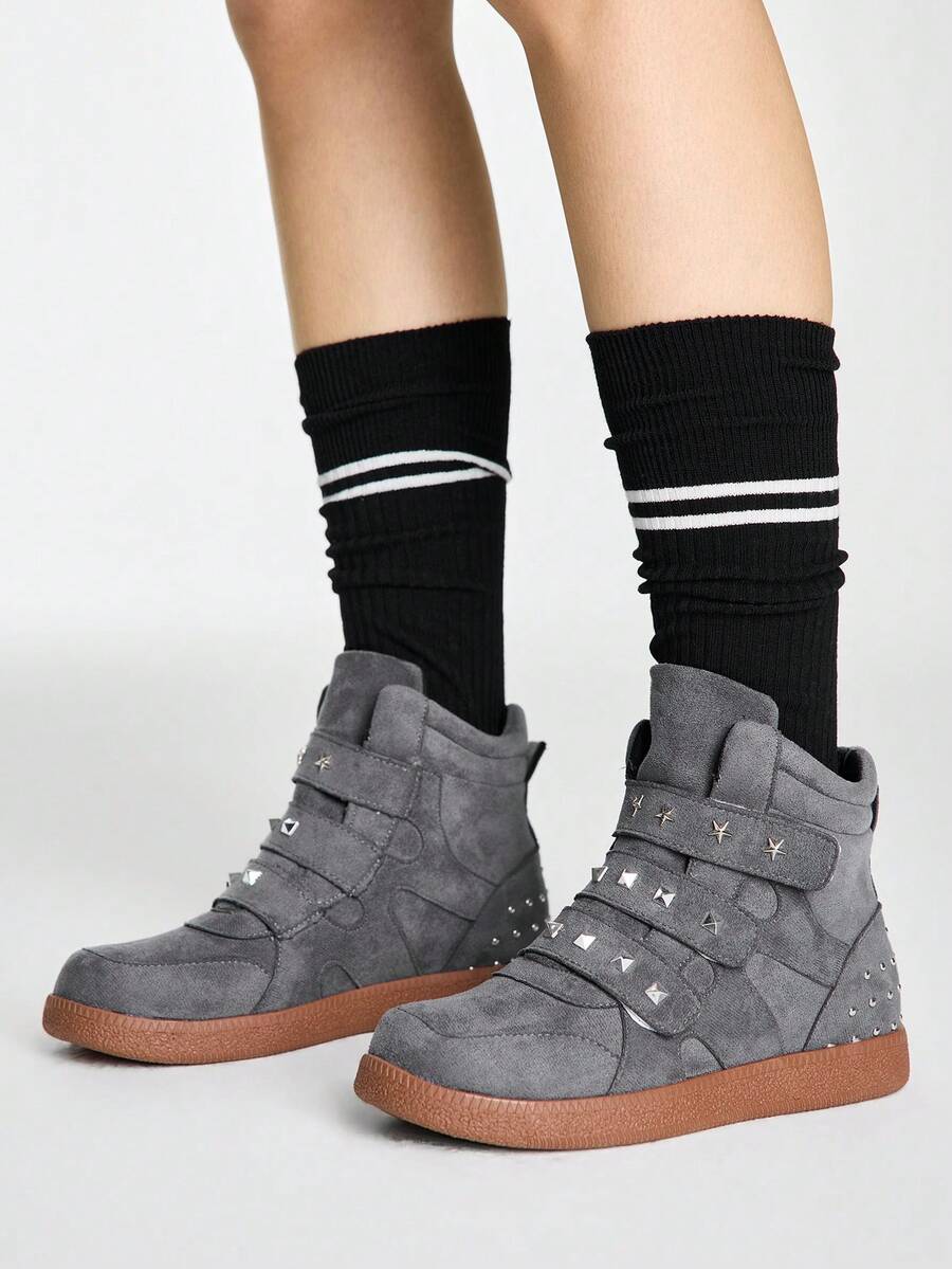 ROMWE Dark Rock Punk Goth Shoes, Grey High Top Rivet Shoes, Casual Sneakers, Ladies Wedge Heel Platform Shoes - Gray - star buckle~ - View 1